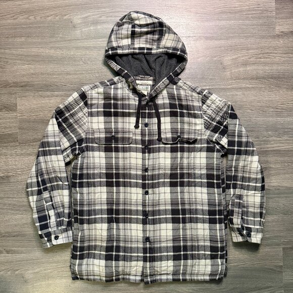 L.L. Bean Men's Fleece-Lined Hooded Flannel Shirt Jacket - Grey/White Plaid - Picture 1 of 6